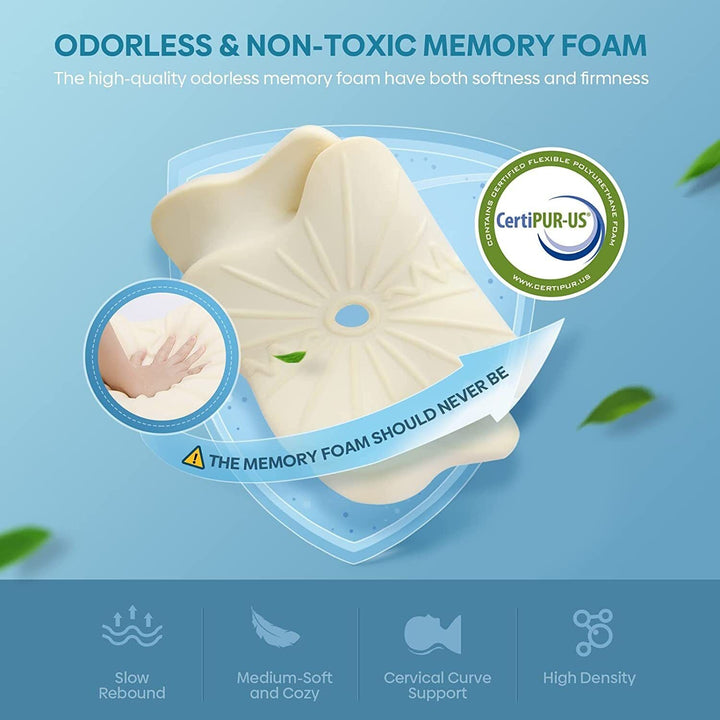 Ergonomic Cervical Neck Pillow | Memory Foam | 2 Heights | Removable Washable Cover | Back, Side &amp; Stomach Sleepers