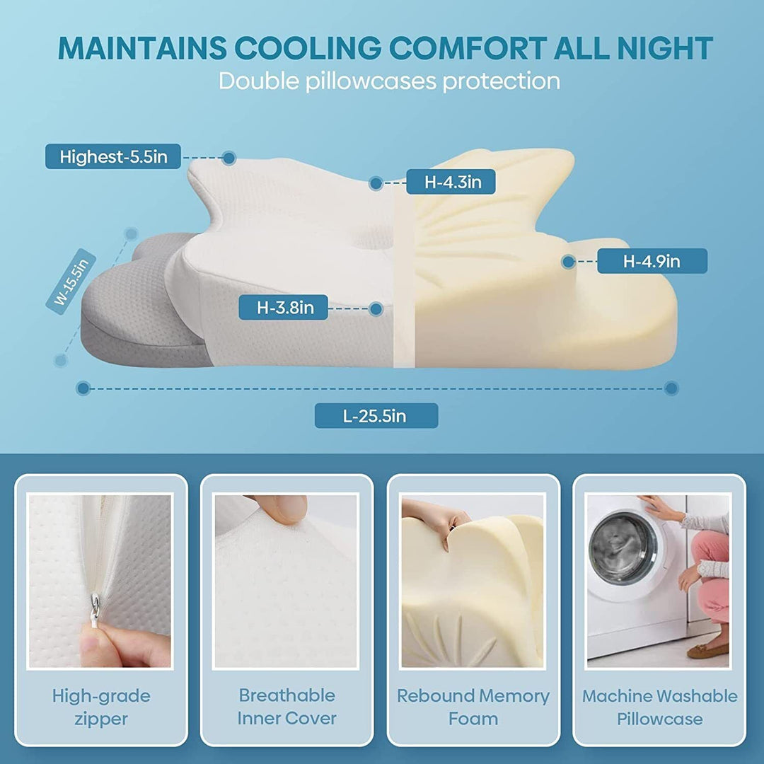 Ergonomic Cervical Neck Pillow | Memory Foam | 2 Heights | Removable Washable Cover | Back, Side &amp; Stomach Sleepers