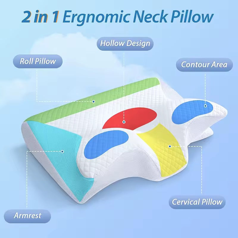 Ergonomic Memory Foam Pillow | Dual-Sided Neck Support | Side, Back &amp; Stomach Sleepers | Washable Cover