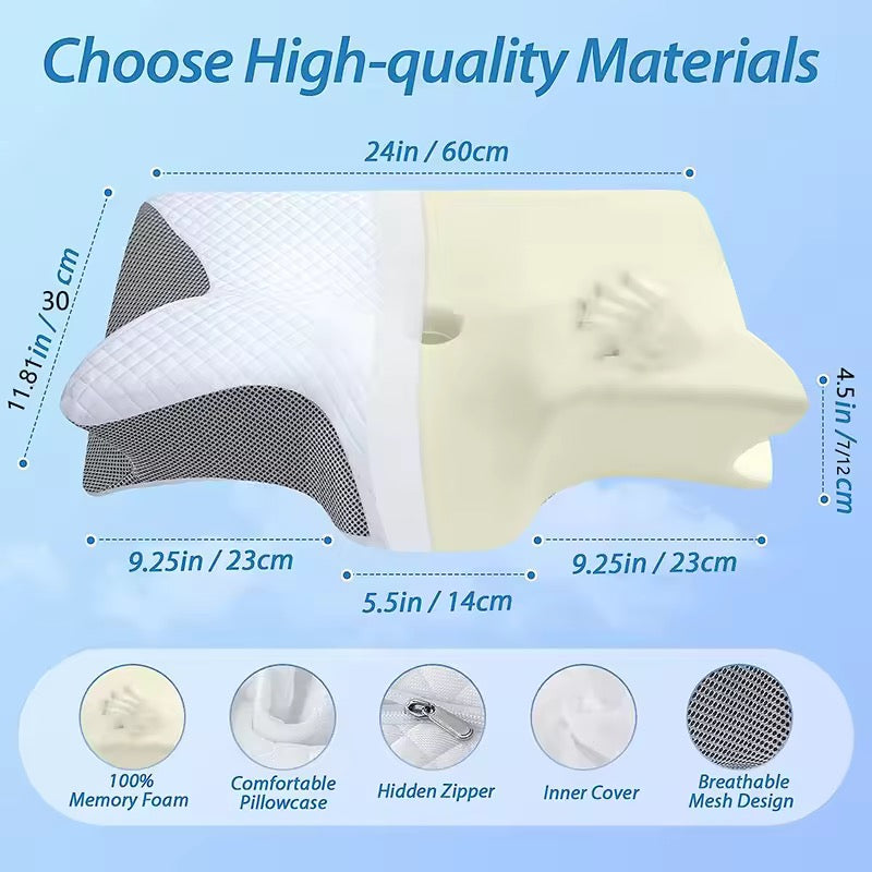 Ergonomic Memory Foam Pillow | Dual-Sided Neck Support | Side, Back &amp; Stomach Sleepers | Washable Cover