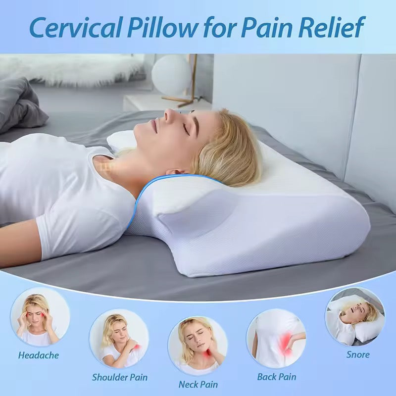 Ergonomic Memory Foam Pillow | Dual-Sided Neck Support | Side, Back &amp; Stomach Sleepers | Washable Cover