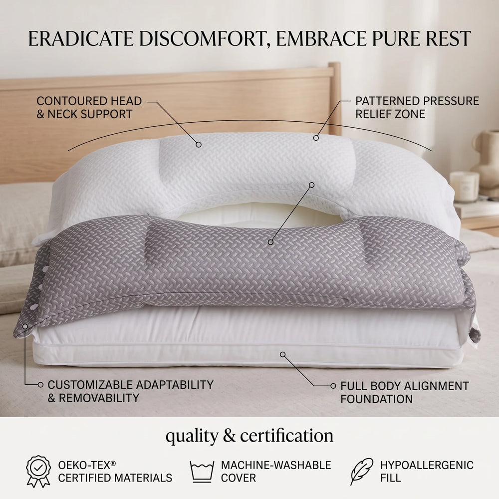 Ergonomic Neck Pillow | Removable Core, Press-Stud Cover