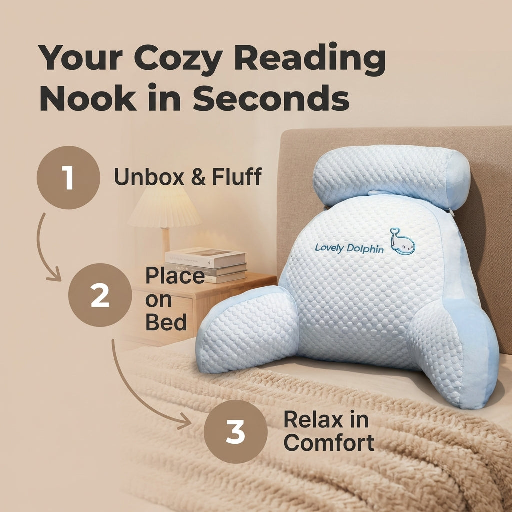 Ergonomic Reading Pillow with Armrests | Curved Backrest Supports Neck &amp; Shoulders | Eases Back Pain for Reading, TV &amp; Lounging