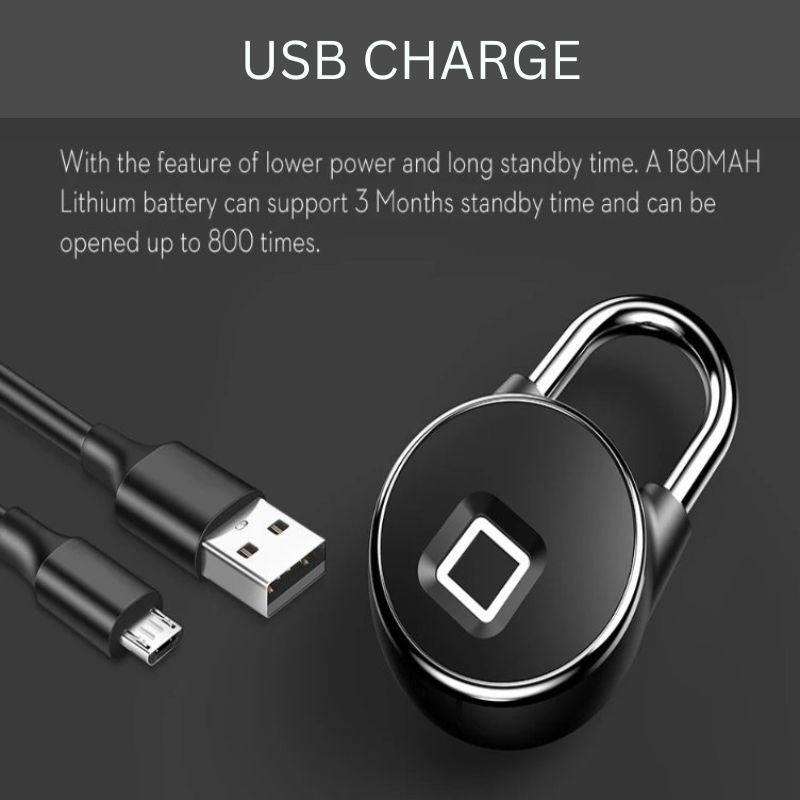 Fingerprint Padlock | Biometric &amp; Bluetooth | IP65 | USB Rechargeable | 10 Fingerprints | 3-Month Battery