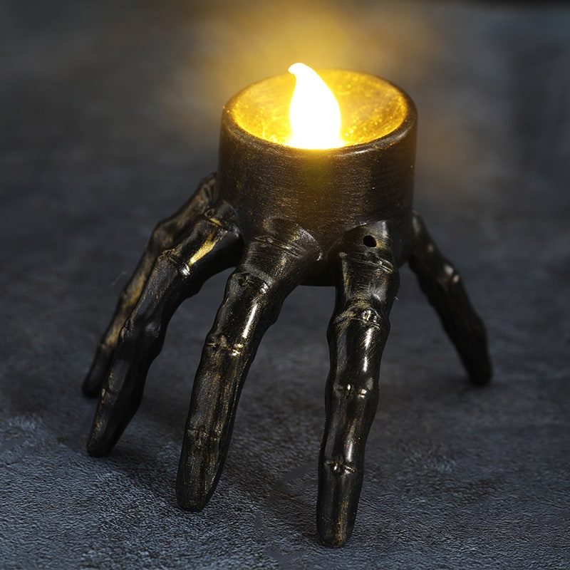 Flameless LED Candle Halloween Skeleton Hand & Skull | 7x9x8.5cm | Battery Operated, Flickering Glow, Indoor Outdoor