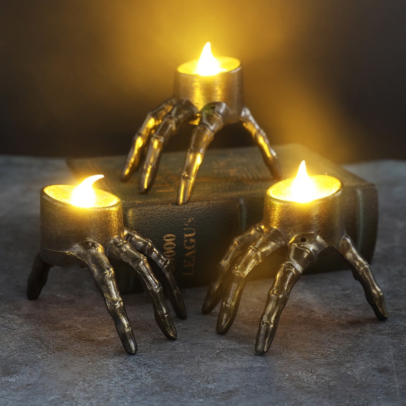 Flameless LED Candle Halloween Skeleton Hand & Skull | 7x9x8.5cm | Battery Operated, Flickering Glow, Indoor Outdoor