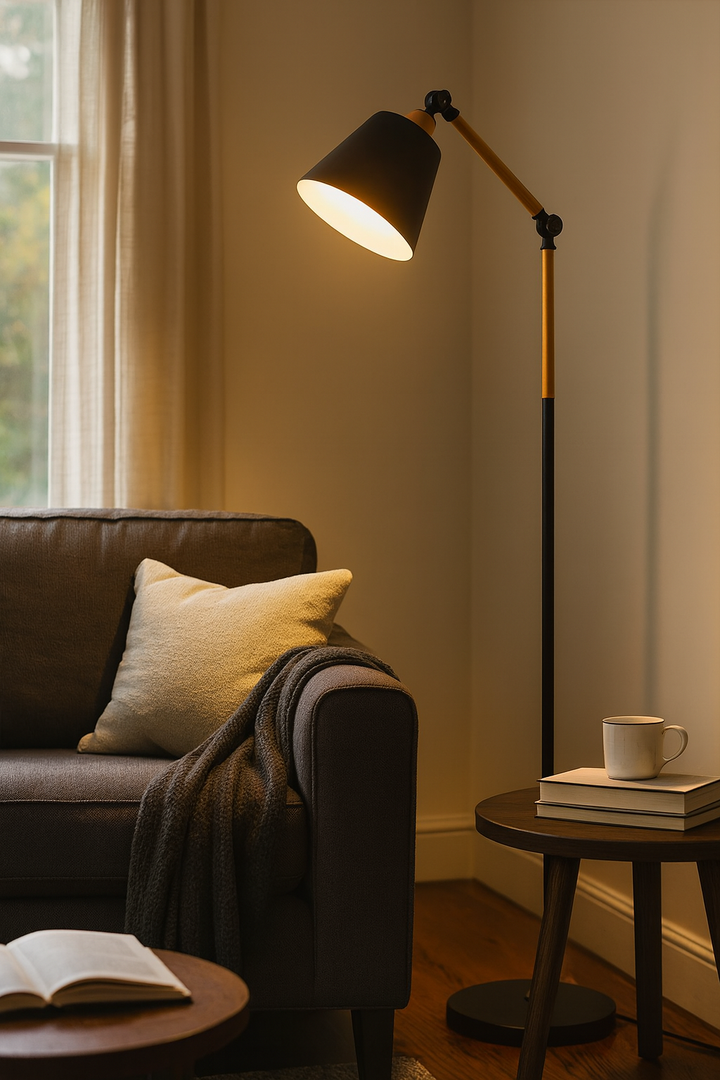 Adjustable Floor Lamp Wood and Metal 120-160 cm | Curved or Straight, Black or White | Tilt and Swivel Head for Reading 4
