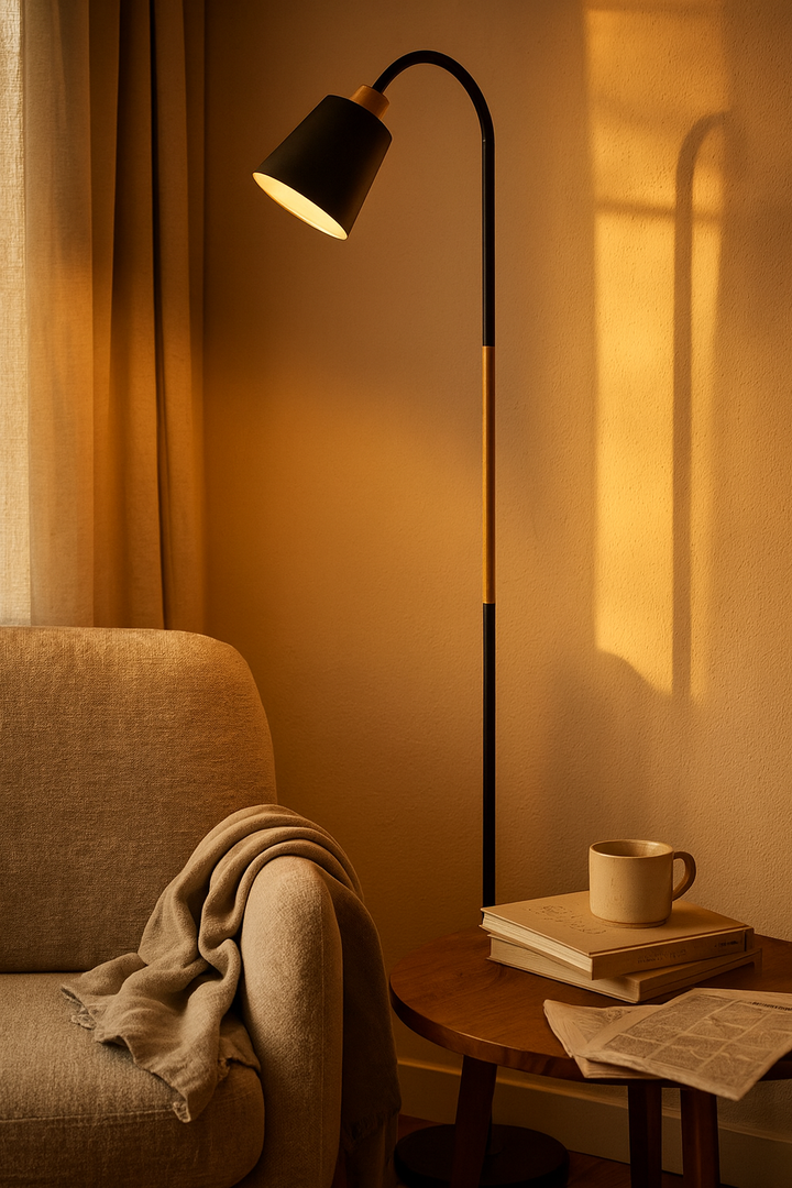 Adjustable Floor Lamp Wood and Metal 120-160 cm | Curved or Straight, Black or White | Tilt and Swivel Head for Reading 1