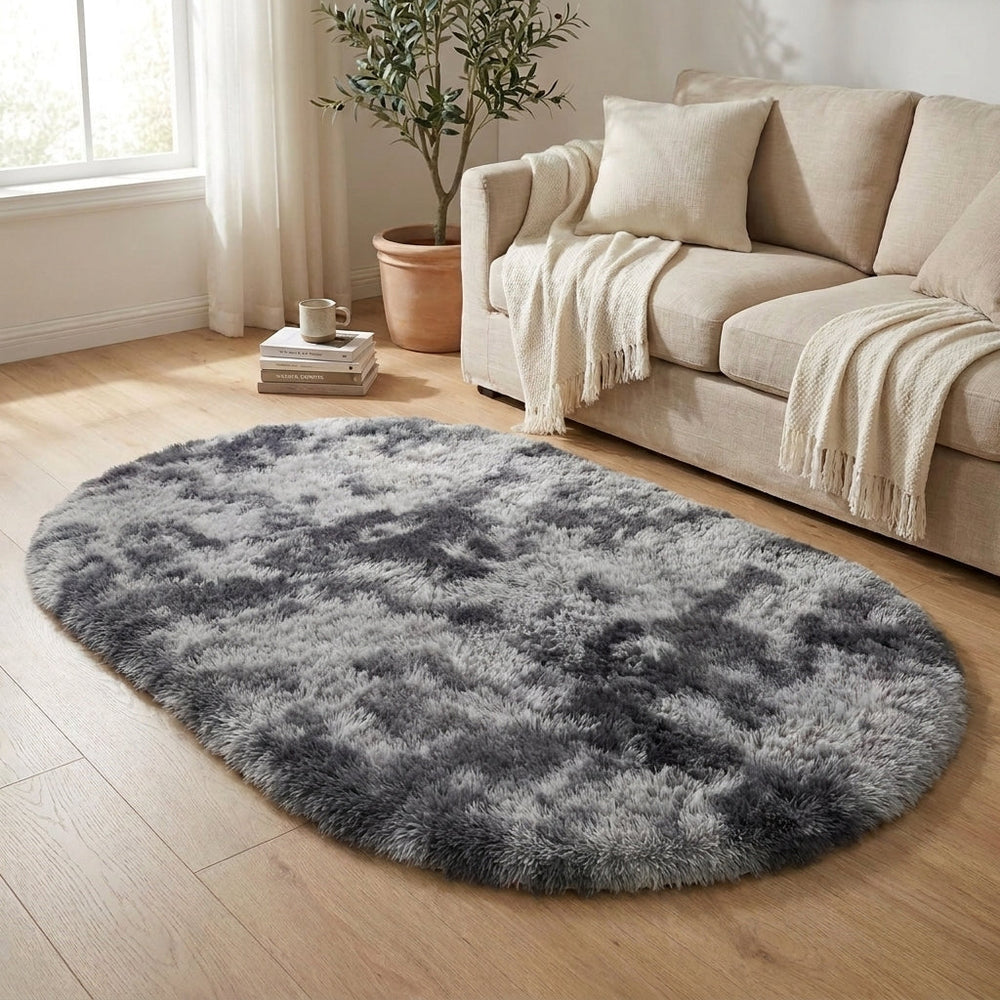 Fluffy Oval Rug Silk Wool Blend | 5 Pastel Colours, 11 Sizes 40x60 to 100x200cm | Soft Long Pile for Bedroom and Living Room
