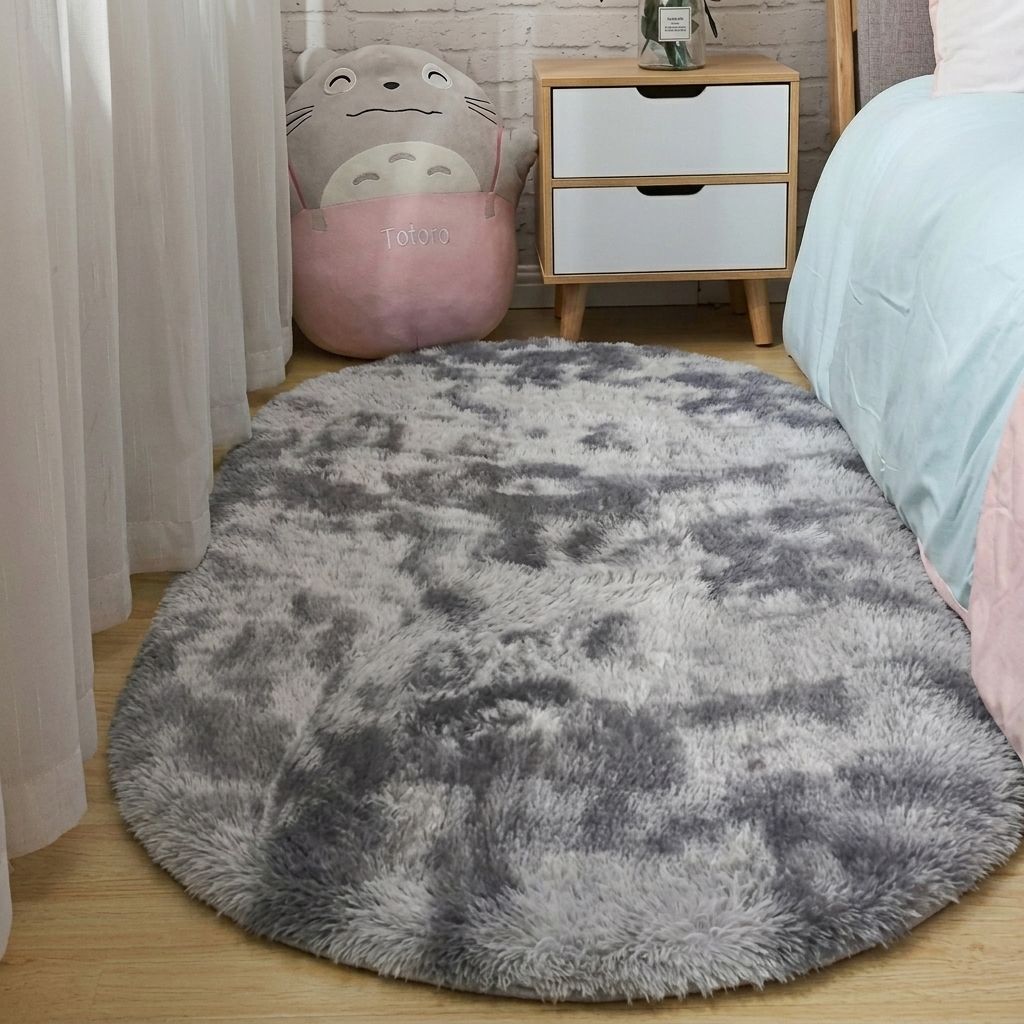 Fluffy Oval Rug Silk Wool Blend | 5 Pastel Colours, 11 Sizes 40x60 to 100x200cm | Soft Long Pile for Bedroom and Living Room