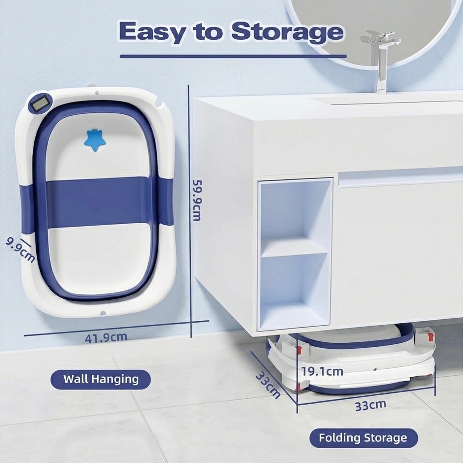 Foldable Baby Bath Tub | Digital Temperature Sensor | Soft Cushion | Non-Toxic PP+TPE | Ages 0–6