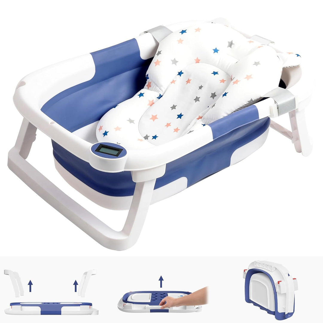Foldable Baby Bath Tub | Digital Temperature Sensor | Soft Cushion | Non-Toxic PP+TPE | Ages 0–6