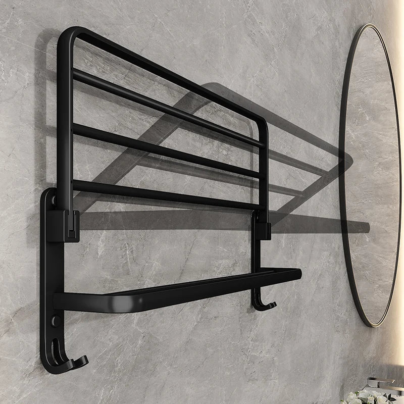 Foldable Wall-Mounted Towel Rack | Aluminium | Rust-Resistant | Hooks | 49cm | Black
