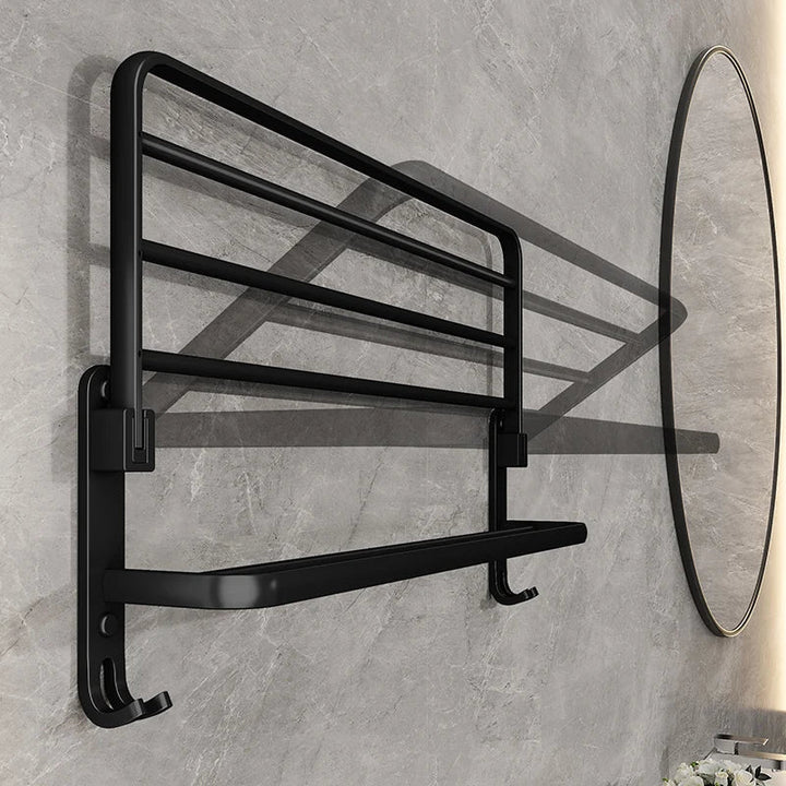 Foldable Wall-Mounted Towel Rack | Aluminium | Rust-Resistant | Hooks | 49cm | Black