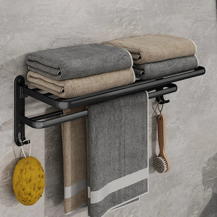 Foldable Wall-Mounted Towel Rack | Aluminium | Rust-Resistant | Hooks | 49cm | Black