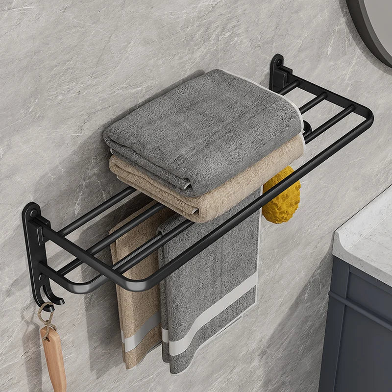 Foldable Wall-Mounted Towel Rack | Aluminium | Rust-Resistant | Hooks | 49cm | Black