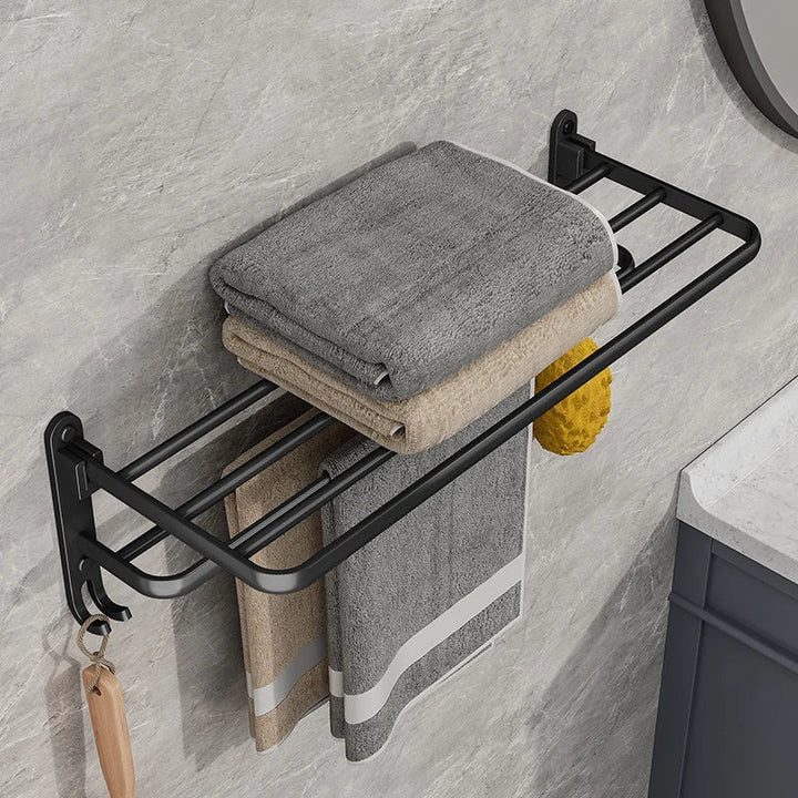 Foldable Wall-Mounted Towel Rack | Aluminium | Rust-Resistant | Hooks | 49cm | Black