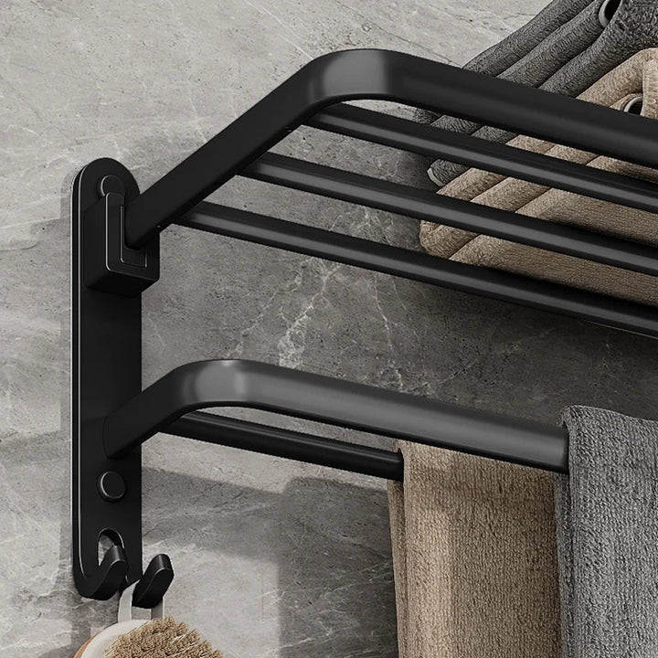 Foldable Wall-Mounted Towel Rack | Aluminium | Rust-Resistant | Hooks | 49cm | Black