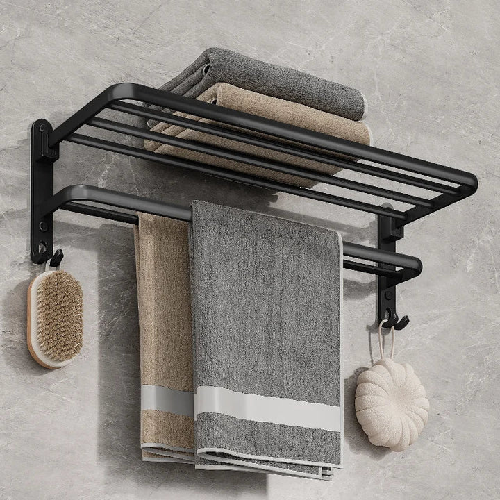 Foldable Wall-Mounted Towel Rack | Aluminium | Rust-Resistant | Hooks | 49cm | Black