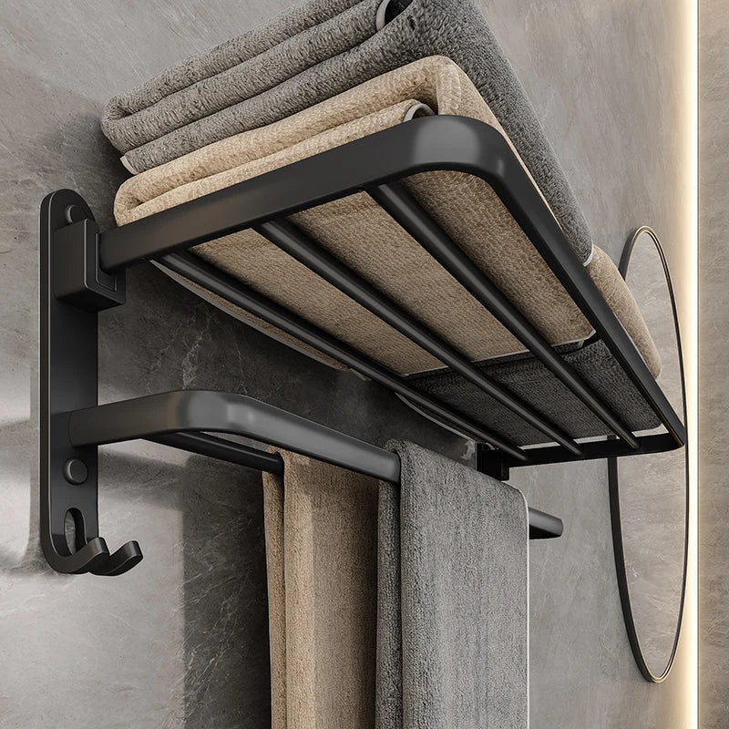 Foldable Wall-Mounted Towel Rack | Aluminium | Rust-Resistant | Hooks | 49cm | Black