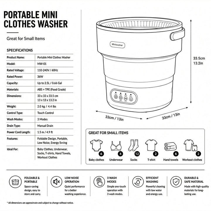 Foldable Washing Machine | 5 Wash Modes | 40dB Quiet Operation | Compact &amp; Portable