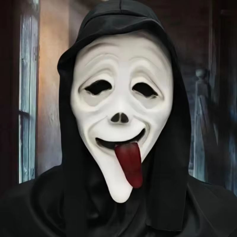 Full Head Latex Scream Mask Halloween Costume | Red Tongue Horror Design with Breathable Openings | Flexible Reusable