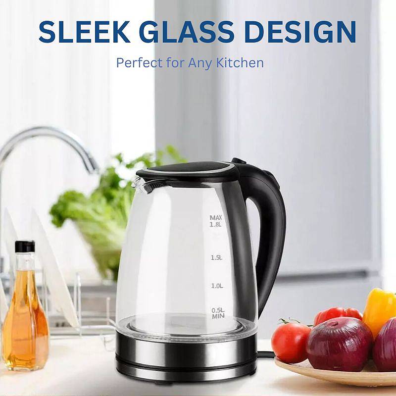 Electric Glass Kettle Stainless Steel | 1500W Rapid Boil with LED Illumination | Cordless Base, BPA-Free 1.8L Capacity 2