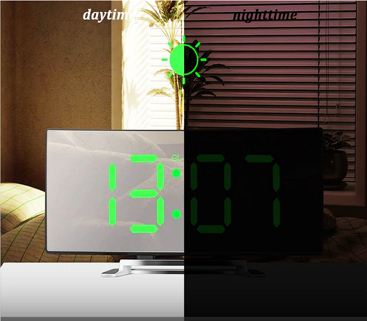 Digital Alarm Clock LED Curved Mirror Display with Gradual Volume Increase 7