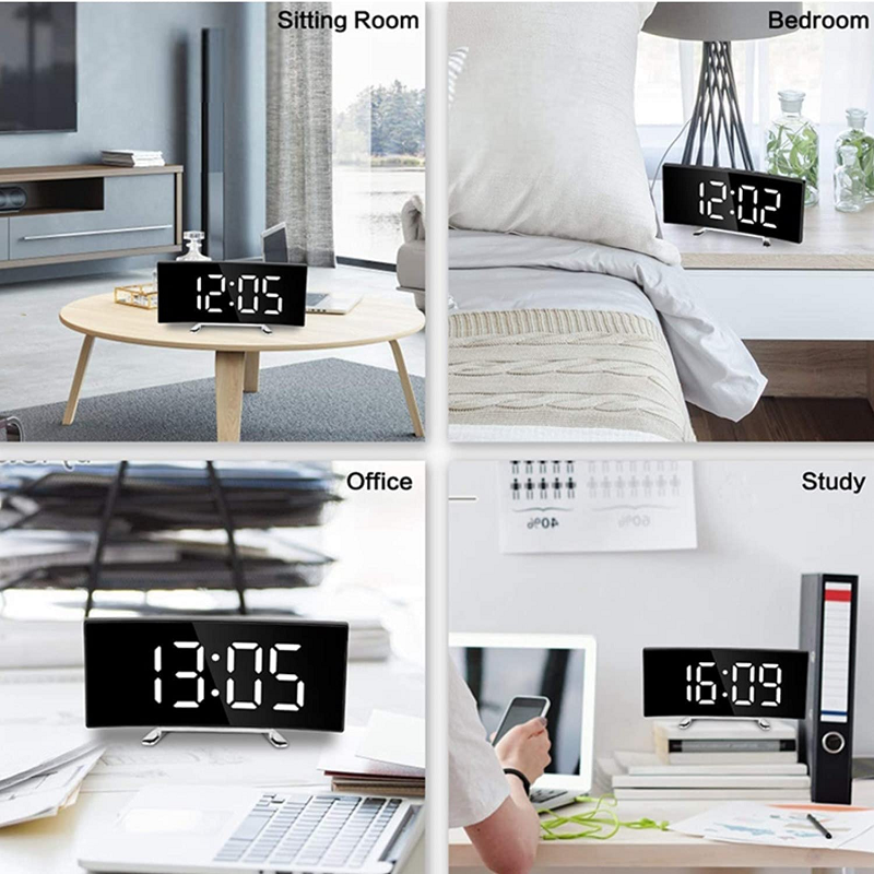 Digital Alarm Clock LED Curved Mirror Display with Gradual Volume Increase 8