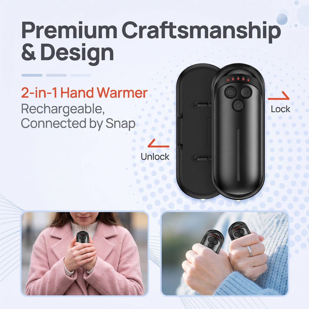 Rechargeable Hand Warmers 2 Pack | AI Smart Chip, 5 Heat Settings | 6000mAh Battery, 15 Hour Warmth, Snap-On Fit 2