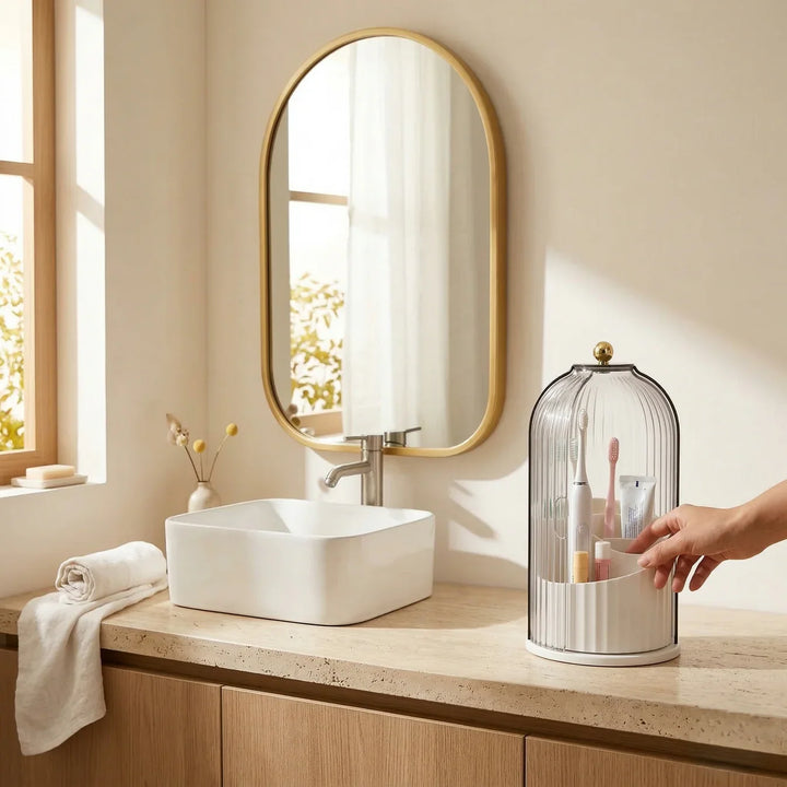 Covered Toothbrush Holder Vanity Organiser | 360-Degree Rotating Tray &amp; Sealed Dust-Proof Dome | Holds 7 Bathroom Accessories 5
