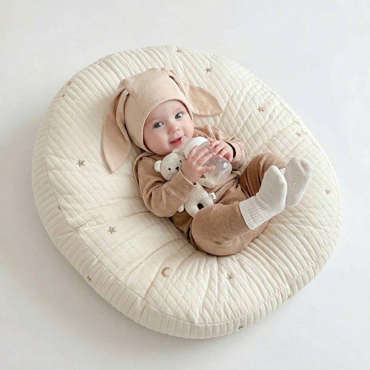 Baby Lounger Pillow Cotton | Contoured Support with Side Pocket and Carry Handles | Non Slip Breathable Nest for Naps 1