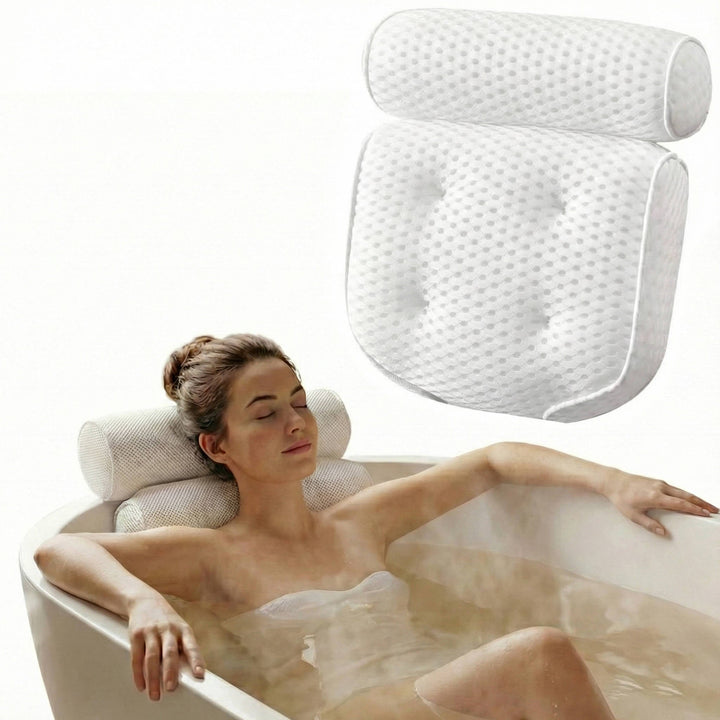 Bath Pillow 3D Mesh Fabric | 6 Suction Cups for Neck and Back Support | Quick Dry Non-Slip Tub Cushion with Hook 1