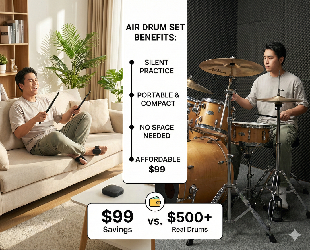 Air Drum Kit | Motion-Sensing Sticks and Foot Pedals | Rechargeable Battery, Silent Headphone Practice, Three Colours 6