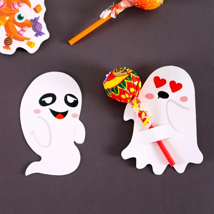 Ghost Lollipop Holders Halloween | 48-Piece Paper Candy Wrap Set | Ready-Made Trick-or-Treat Party Favours for Kids