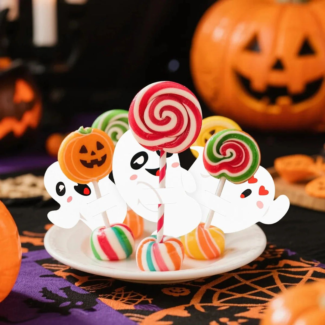 Ghost Lollipop Holders Halloween | 48-Piece Paper Candy Wrap Set | Ready-Made Trick-or-Treat Party Favours for Kids