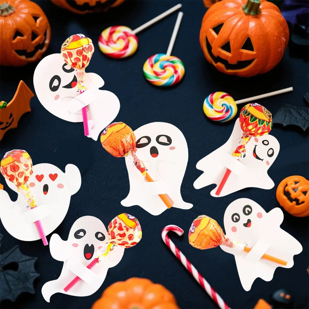 Ghost Lollipop Holders Halloween | 48-Piece Paper Candy Wrap Set | Ready-Made Trick-or-Treat Party Favours for Kids
