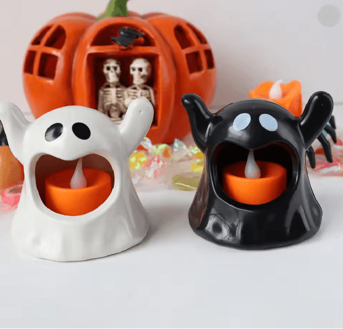 Ghost Shaped LED Candle Light | Battery Powered, Flameless Flicker, Cool to Touch | Safe Halloween Decor for Kids &amp; Parties