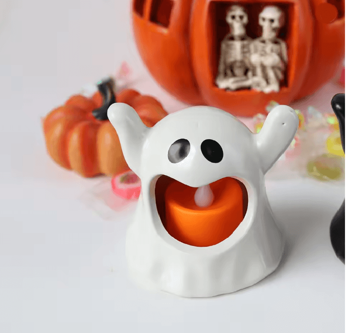 Ghost Shaped LED Candle Light | Battery Powered, Flameless Flicker, Cool to Touch | Safe Halloween Decor for Kids &amp; Parties