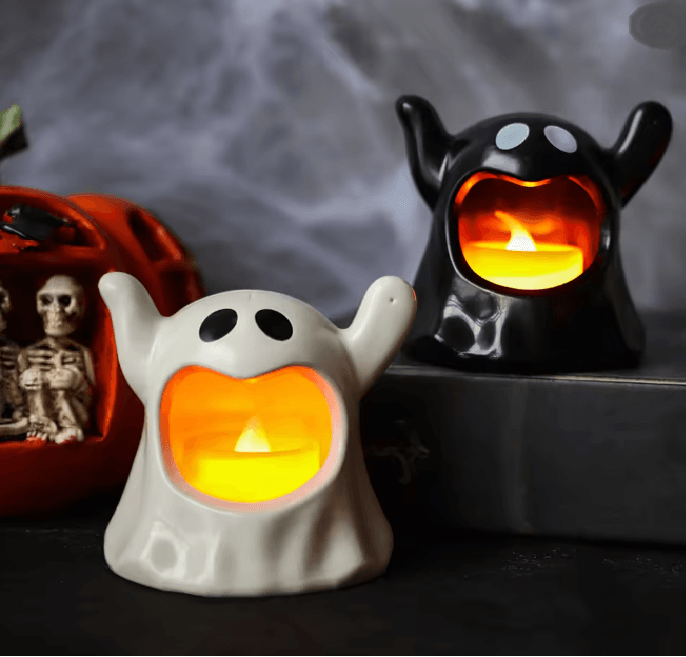 Ghost Shaped LED Candle Light | Battery Powered, Flameless Flicker, Cool to Touch | Safe Halloween Decor for Kids &amp; Parties
