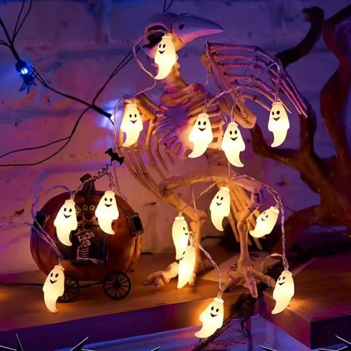 Ghost String Lights for Halloween Décor | 20 LED Ghost-Shaped Bulbs | Battery Powered, No Plug Needed, Indoor &amp; Outdoor