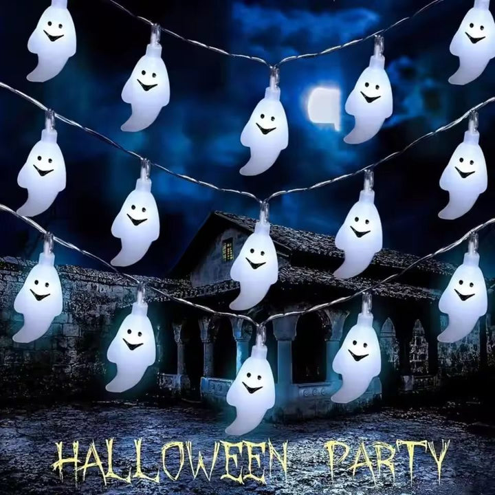 Ghost String Lights for Halloween Décor | 20 LED Ghost-Shaped Bulbs | Battery Powered, No Plug Needed, Indoor &amp; Outdoor