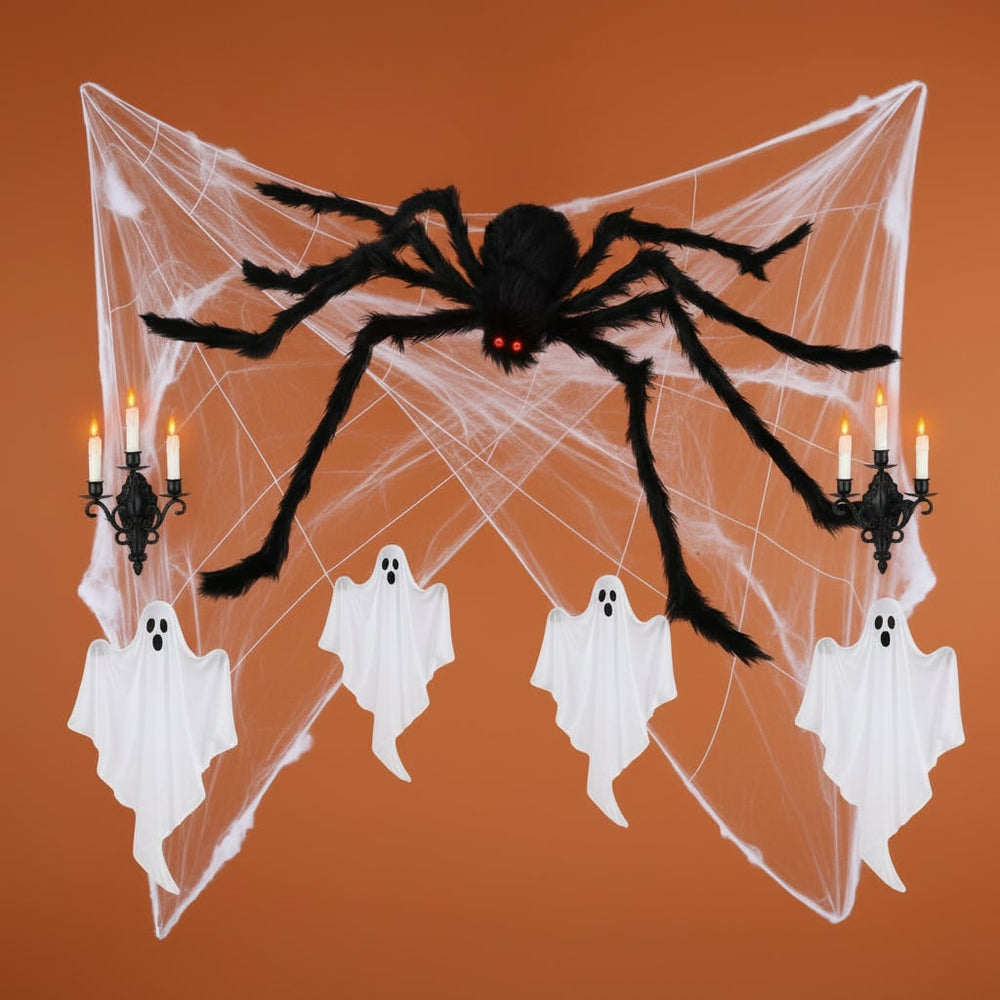 Giant Poseable Spider Halloween Decoration | Bendable Wire Legs & Glowing Eyes | Reusable Indoor/Outdoor Web Set
