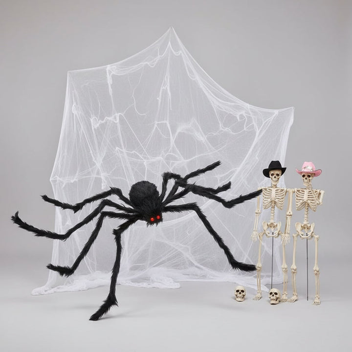 Giant Poseable Spider Halloween Decoration | Bendable Wire Legs &amp; Glowing Eyes | Reusable Indoor/Outdoor Web Set