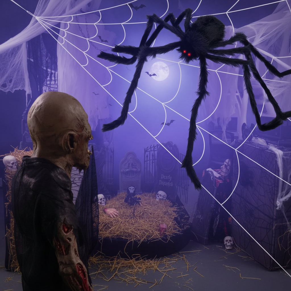 Giant Poseable Spider Halloween Decoration | Bendable Wire Legs &amp; Glowing Eyes | Reusable Indoor/Outdoor Web Set