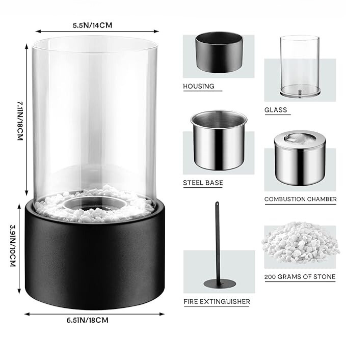 Glass Oil Lamp Refillable Cylinder | Black or White, Medium or Large | Real Flame Ambience, Fuel Not Included, Ships Fast