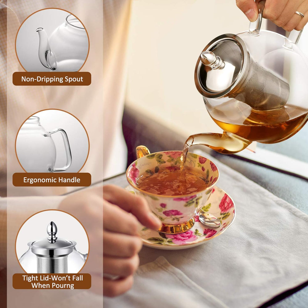 Glass Teapot with Removable Infuser | 1000ml Borosilicate Glass, Non-Drip Spout | Blooming & Loose Leaf Tea Brewer