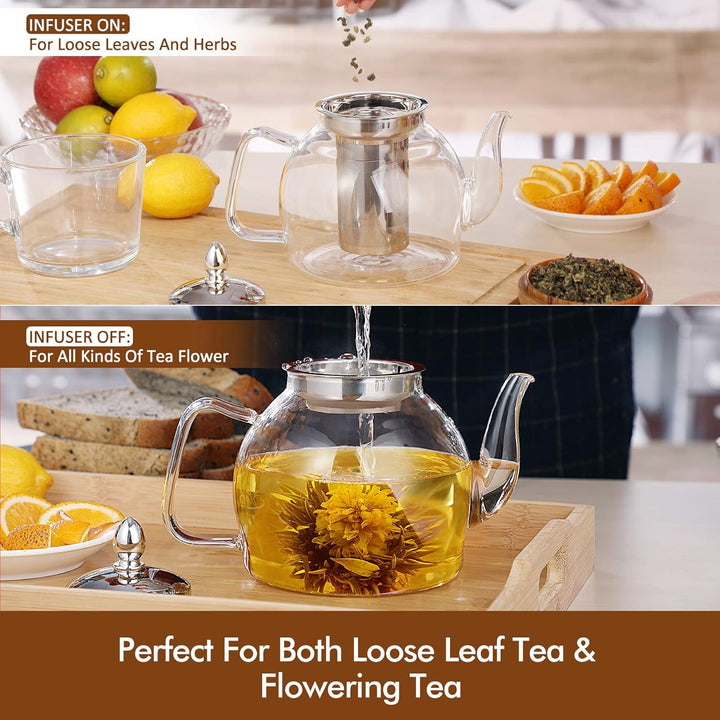 Glass Teapot with Removable Infuser | 1000ml Borosilicate Glass, Non-Drip Spout | Blooming &amp; Loose Leaf Tea Brewer