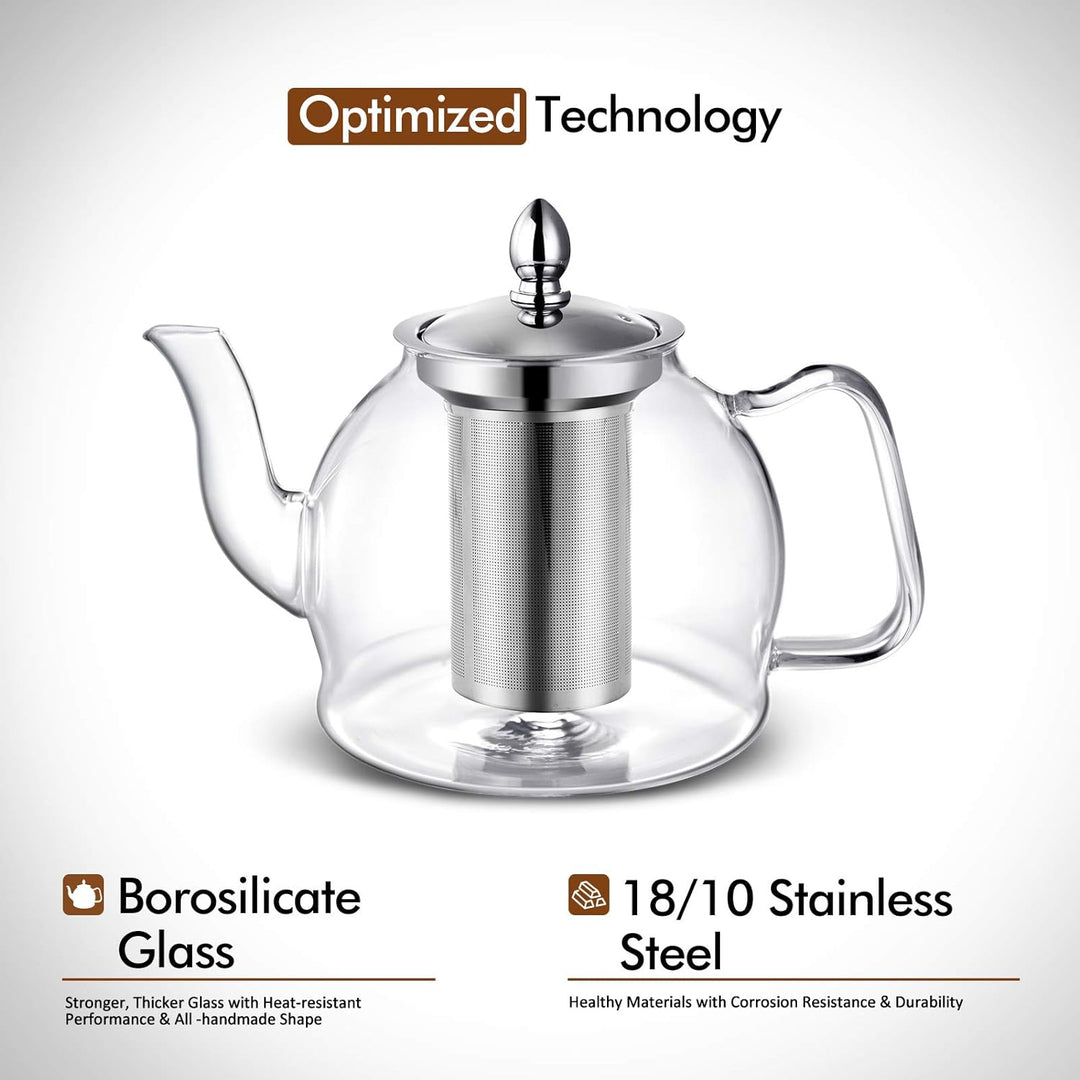 Glass Teapot with Removable Infuser | 1000ml Borosilicate Glass, Non-Drip Spout | Blooming &amp; Loose Leaf Tea Brewer