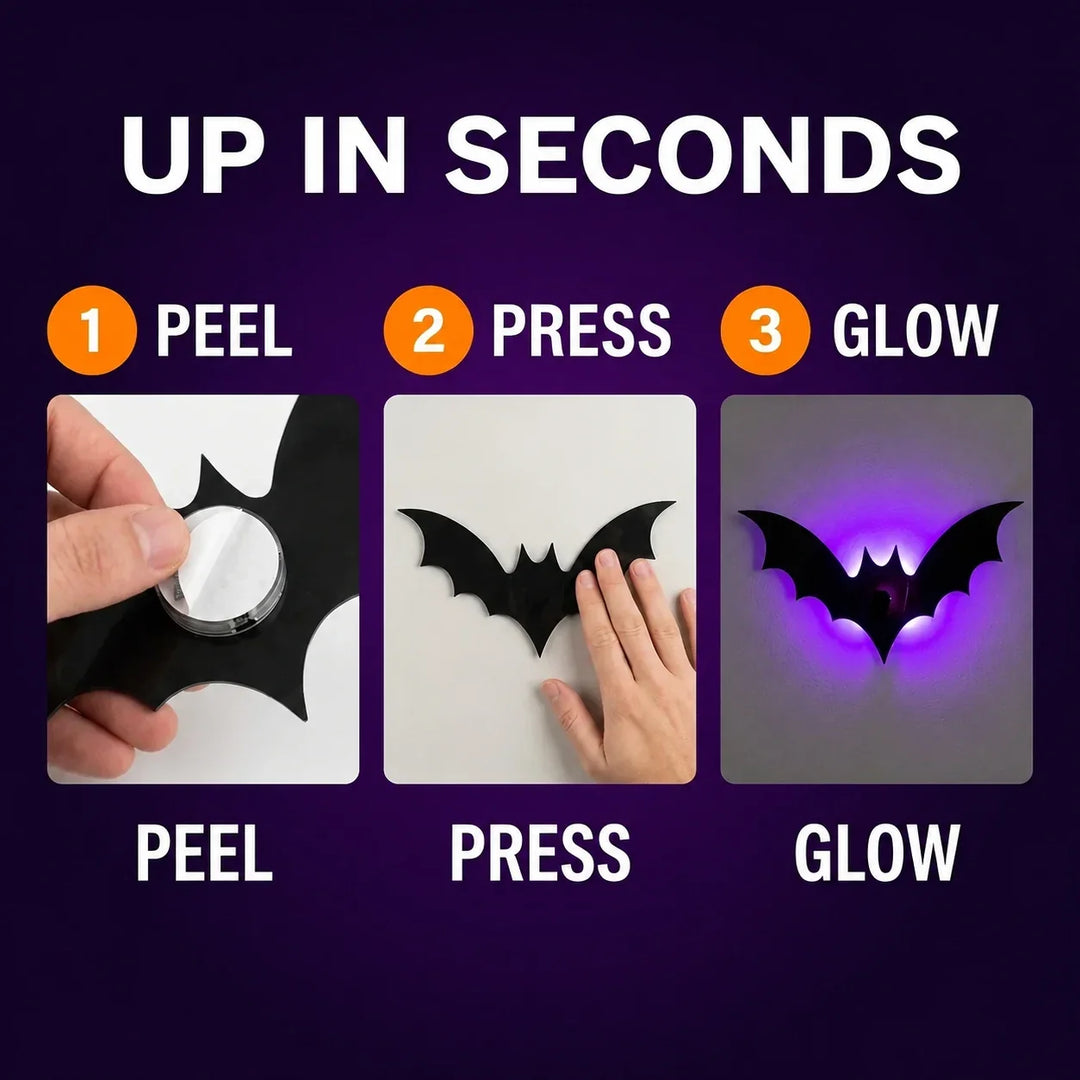 Glow-in-the-Dark LED Bat Stickers | Pack of 12 Halloween Wall Decals | Peel-and-Stick, No Wires, No Tools, Damage-Free